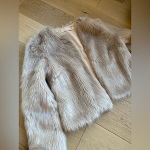 KEEPSAKE the Label Cropped Faux Fur Jacket in Light Taupe